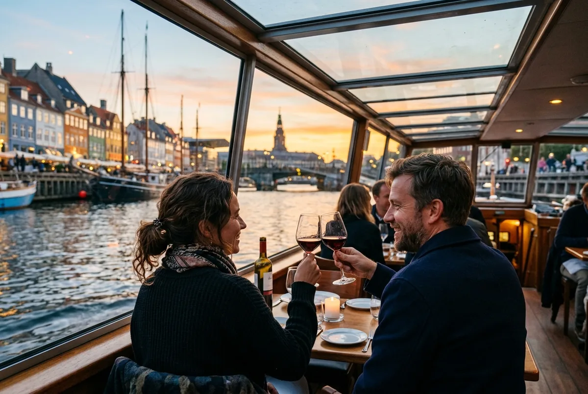 Couple toasting wine glasses on a covered evening Copenhagen canal cruise boat at sunset with the harbor skyline behind them, copenhagen boat tour with dinner