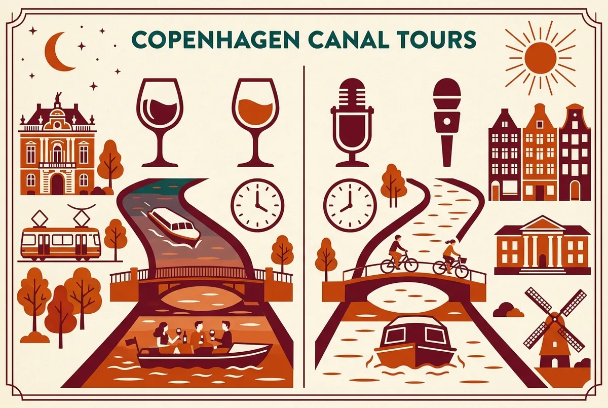 Simple infographic comparing a Copenhagen evening drinks cruise against a daytime guided canal tour, showing icons for wine glass, guide microphone and clock