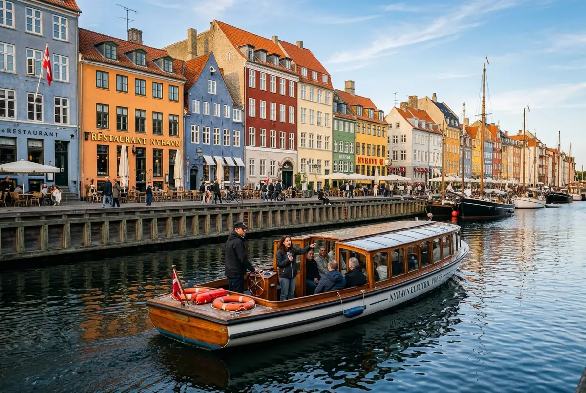 Small silent electric boat with a captain steering past colorful Nyhavn townhouses in Copenhagen, copenhagen electric boat canal tour with guide