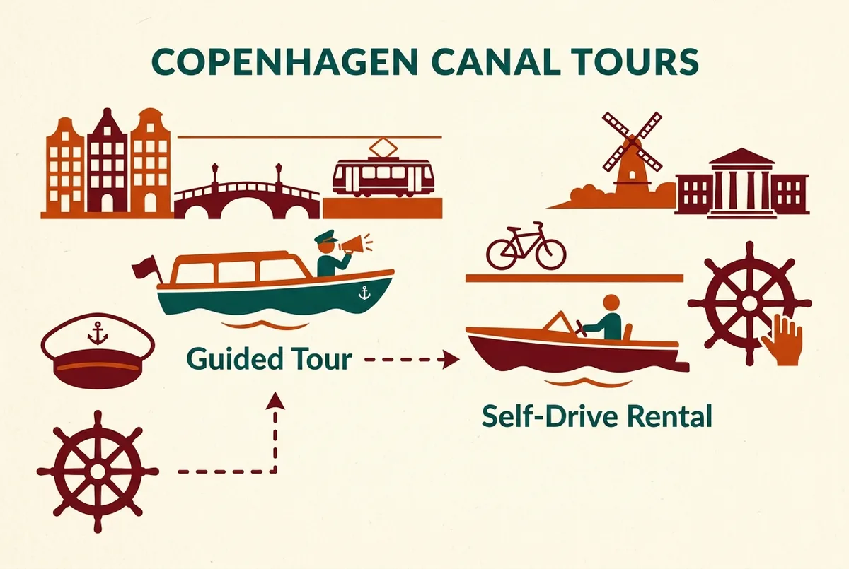 Simple comparison infographic contrasting a guided copenhagen electric boat canal tour with guide against a self-drive rental boat, showing a captain icon next to a steering wheel icon