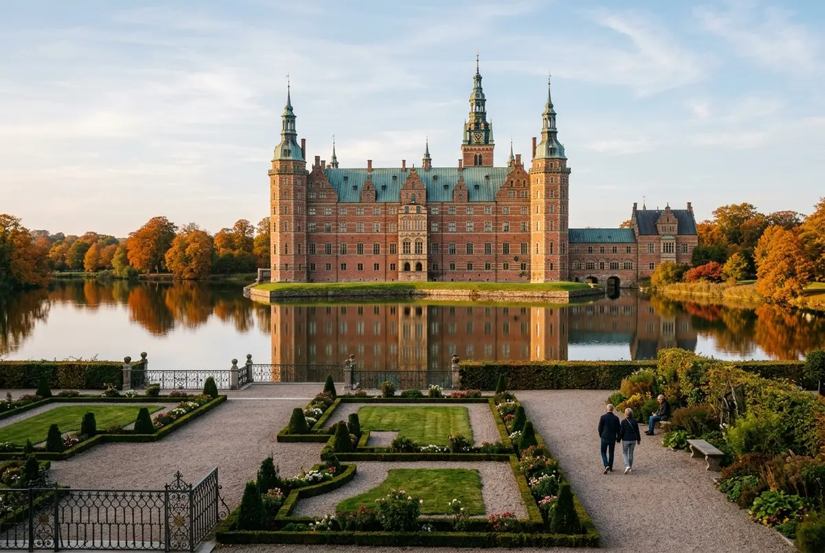 Renaissance era Frederiksborg Castle in Hillerød Denmark reflected in its moat lake with baroque gardens in the foreground, frederiksborg castle