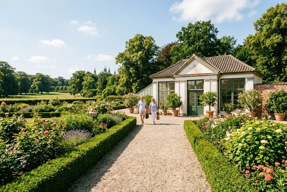 Solbeskinnet gårdhave i fredensborg slotshave med klippede hække og en grusgang mod orangeriet, fredensborg slotshave udsigt om formiddagen