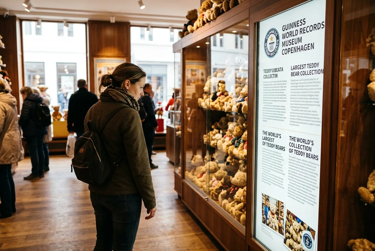 Visitor examining a record breaking exhibit display inside a museum near Stroget shopping street in Copenhagen, guinness world records museum copenhagen