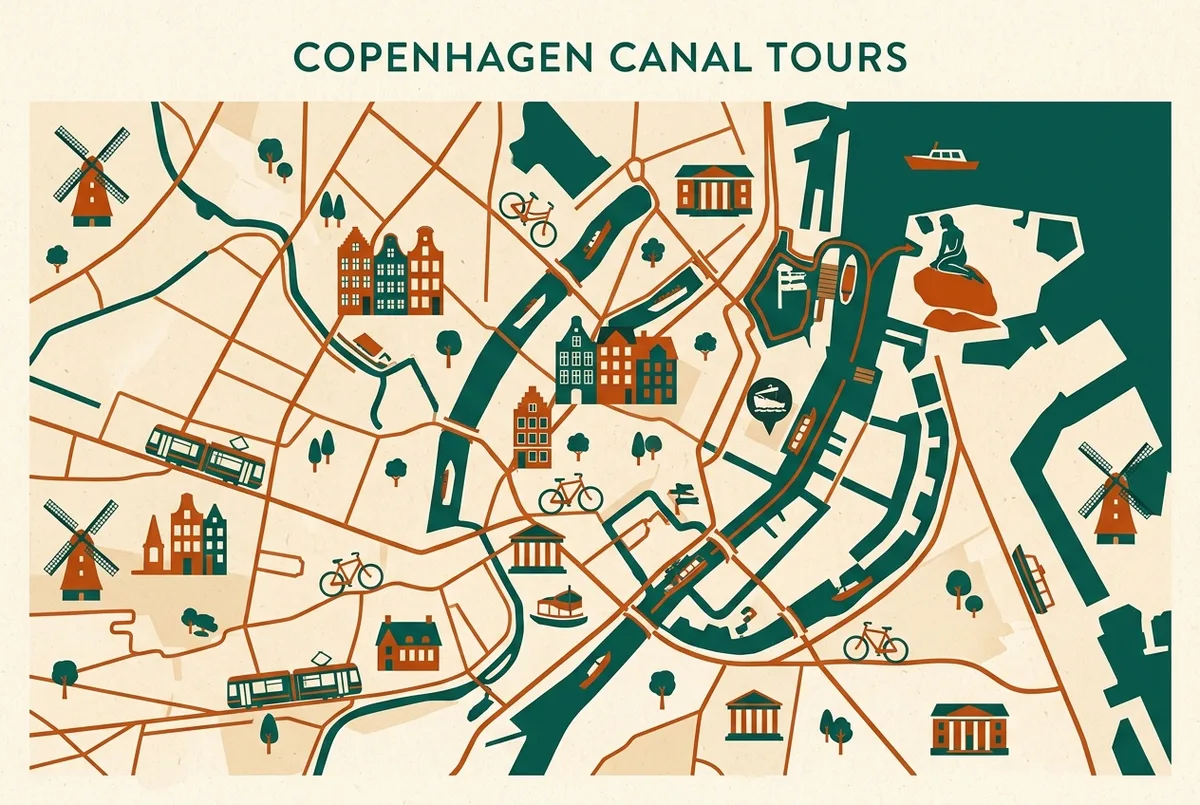 Map of central Copenhagen showing boat tour departure points and the canal route to the Little Mermaid statue