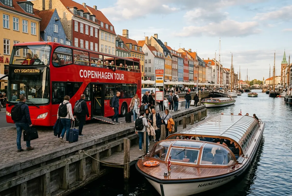 Open-top double-decker sightseeing bus parked near a Copenhagen canal boat dock with passengers transferring between the two, copenhagen bus and boat tour