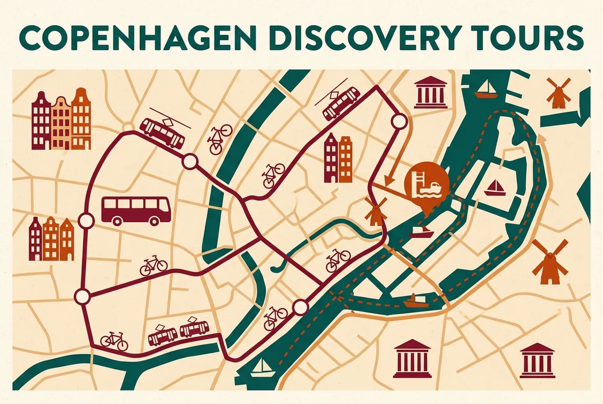 Simple infographic map showing a Copenhagen hop-on hop-off bus route with numbered stops and a separate boat dock icon along the harbor