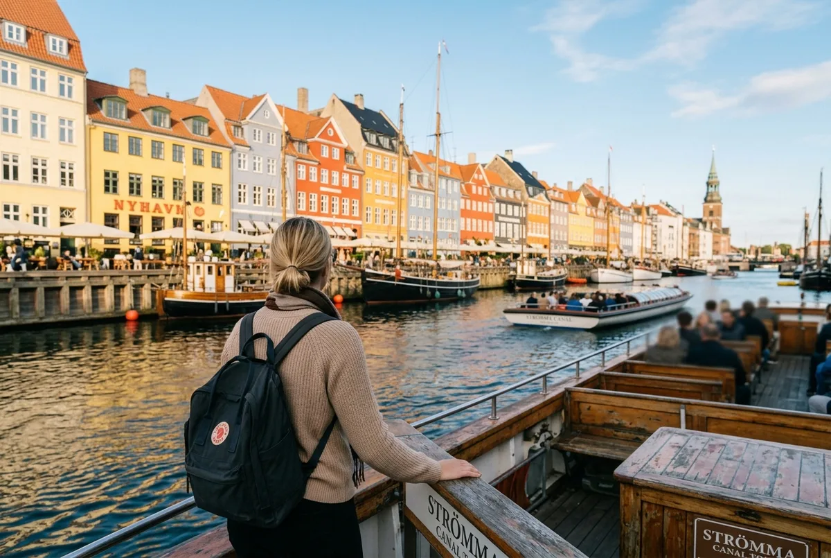 Viaggiatore appoggiato alla balaustra di un battello turistico a Copenaghen che osserva le case colorate del porto sotto un cielo sereno, giro in battello vale la pena
