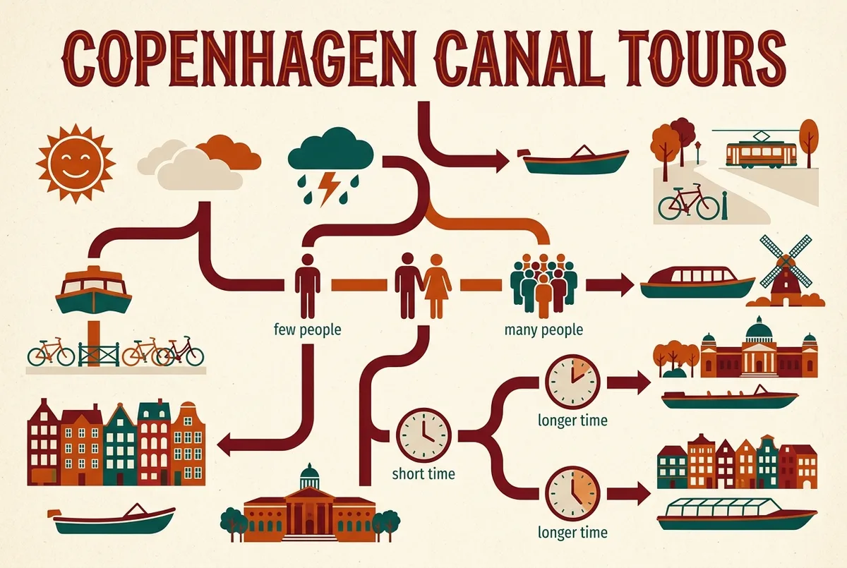 Infografica semplice a diagramma decisionale per scegliere un giro in battello a Copenaghen con rami per meteo, dimensione del gruppo e tempo disponibile
