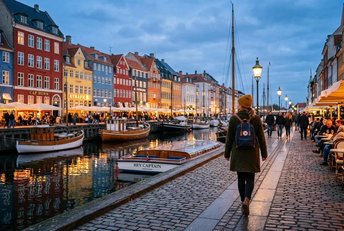 Solo traveler walking confidently along a well-lit Nyhavn harbor promenade at dusk, evening calm, illustrating how safe Copenhagen feels for first-time visitors
