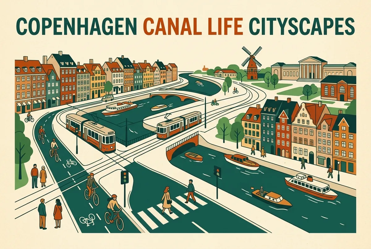 Simple infographic illustrating Copenhagen bike lane etiquette for pedestrians, generic icons for bike lane, sidewalk, and crosswalk, no statistics or text