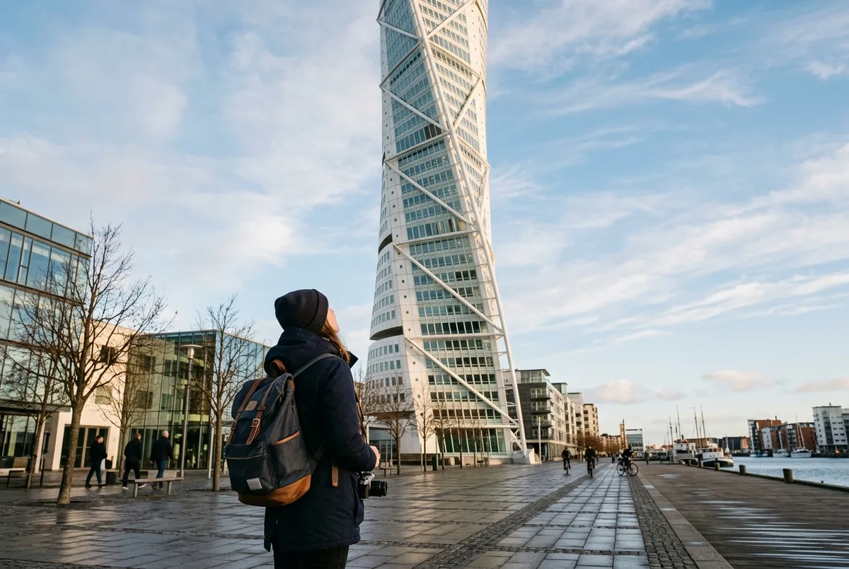 Traveler looking up at the twisting Turning Torso tower on Malmö's waterfront on a clear afternoon, is malmo worth a day trip from copenhagen
