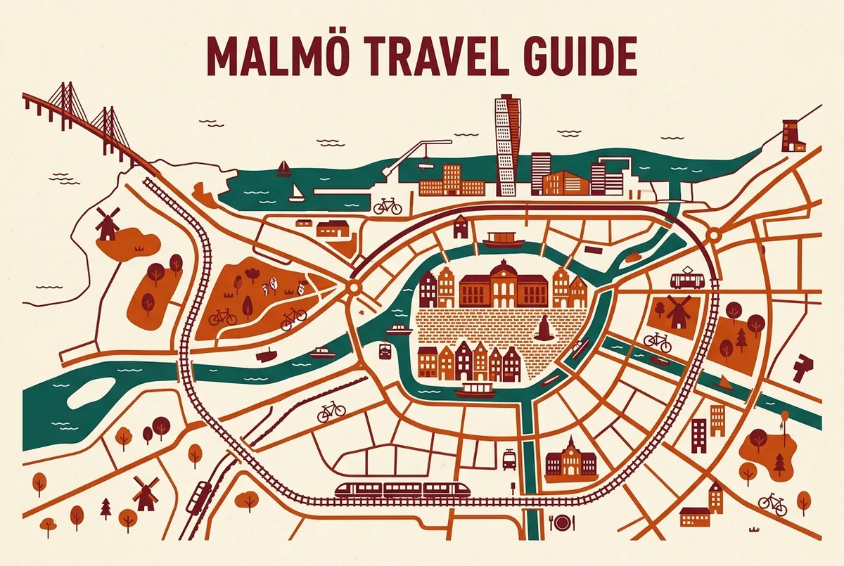 Simple map style graphic showing Malmö's old town square, the Turning Torso waterfront and the train route back to Copenhagen
