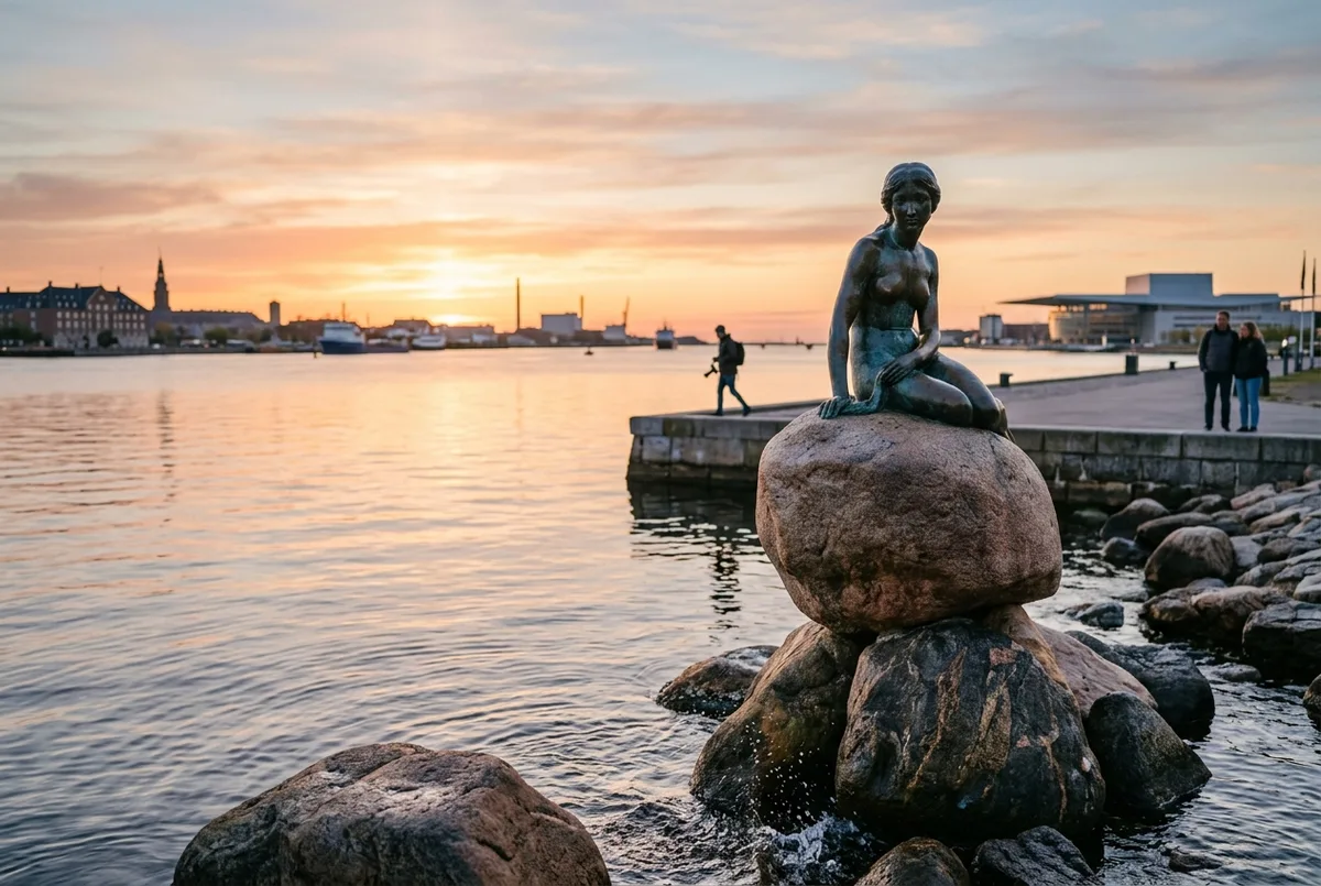 Small bronze mermaid statue sitting on harbor rocks at Langelinie promenade in Copenhagen at sunrise, copenhagen little mermaid statue
