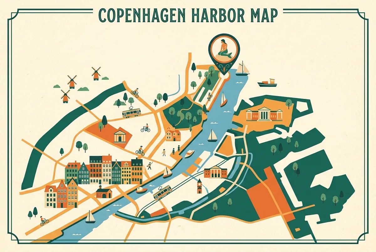 Simple map style infographic showing the Copenhagen harbor front from Nyhavn to Langelinie with a pin marking the little mermaid statue location