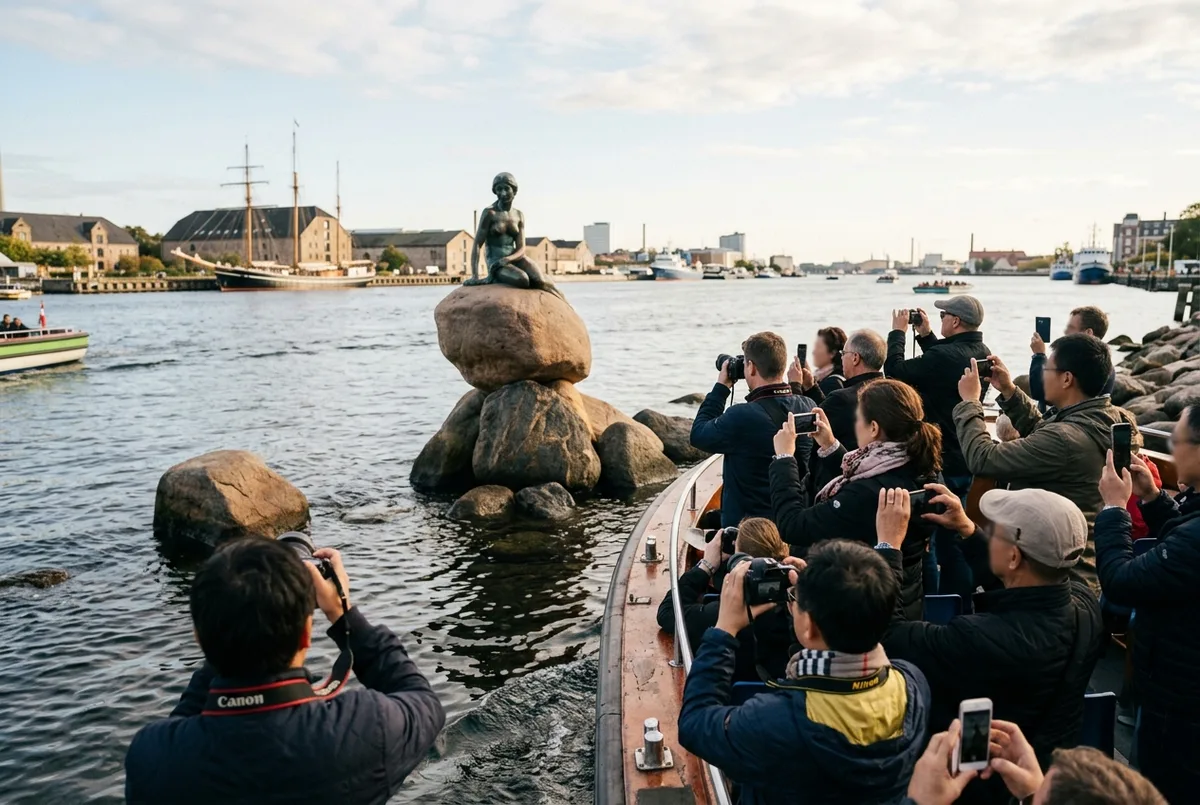 Turistes a bord d'un vaixell de passeig turístic per Copenhaguen fotografiant l'estàtua de la Sireneta des de l'aigua mentre el vaixell alenteix vora les roques del port, veure la sireneta en vaixell