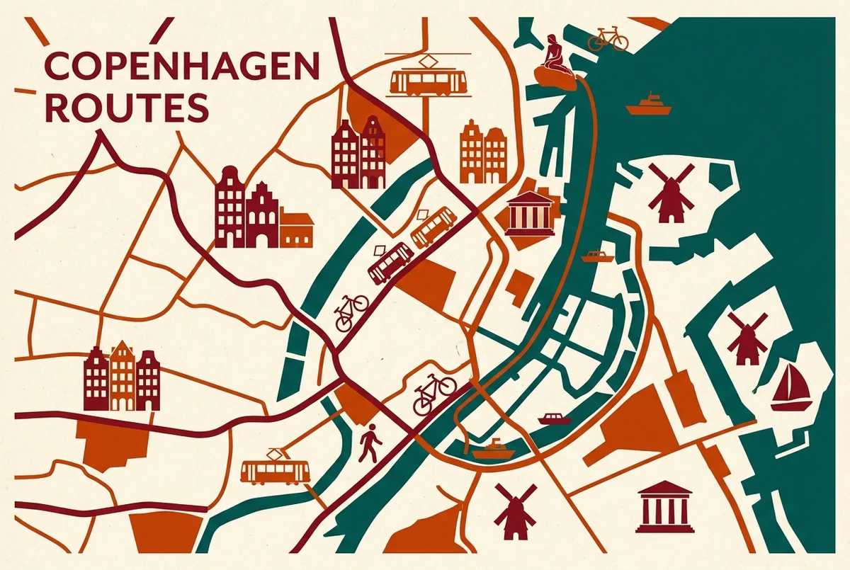 Infografia senzilla estil mapa comparant la ruta a peu i la ruta en vaixell des del centre de Copenhaguen fins a la Sireneta a Langelinie