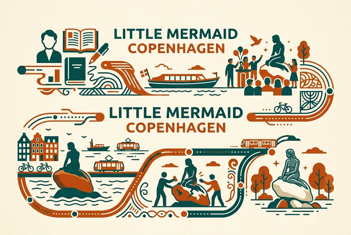 Simple timeline infographic showing key dates in the little mermaid copenhagen story from the 1837 fairy tale through the 1913 unveiling to modern restoration