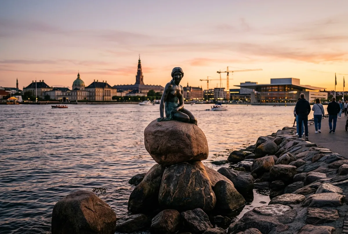 Piccola statua in bronzo della sirenetta sulle rocce del porto di Langelinie con lo skyline di Copenaghen sullo sfondo al tramonto, simbolo di copenaghen