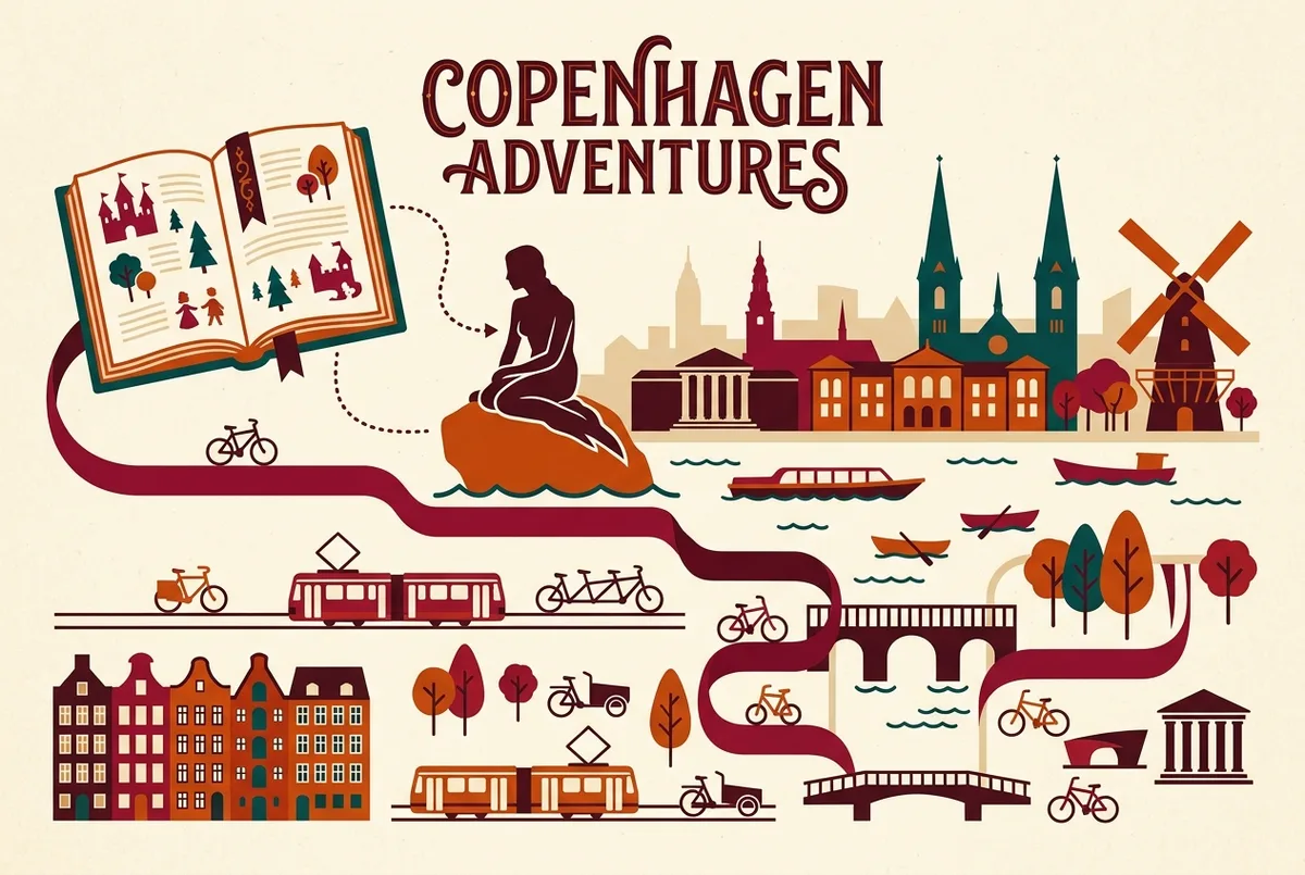 Infografica semplice che collega un libro aperto della fiaba di Andersen alla sagoma della statua della sirenetta e allo skyline di Copenaghen sullo sfondo, simbolo culturale di copenaghen