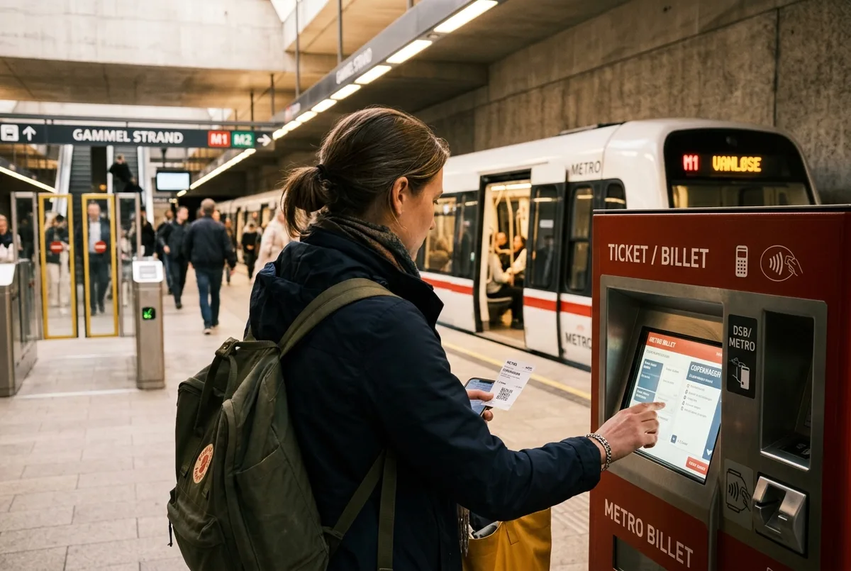 Traveler checking a ticket machine screen at a Copenhagen Metro station platform with a train waiting in the background, metro ticket copenhagen