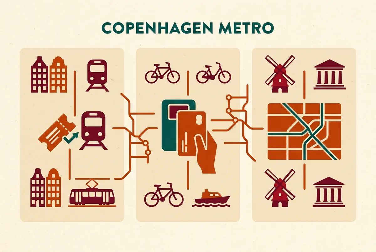 Simple infographic comparing Copenhagen metro ticket options including single ticket, Rejsekort card and zone pass with generic price bracket labels