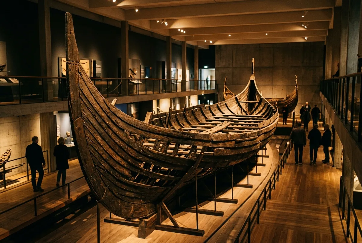 Large Viking ship hall inside the National Museum of Denmark copenhagen with wooden ship timbers displayed under dramatic overhead lighting