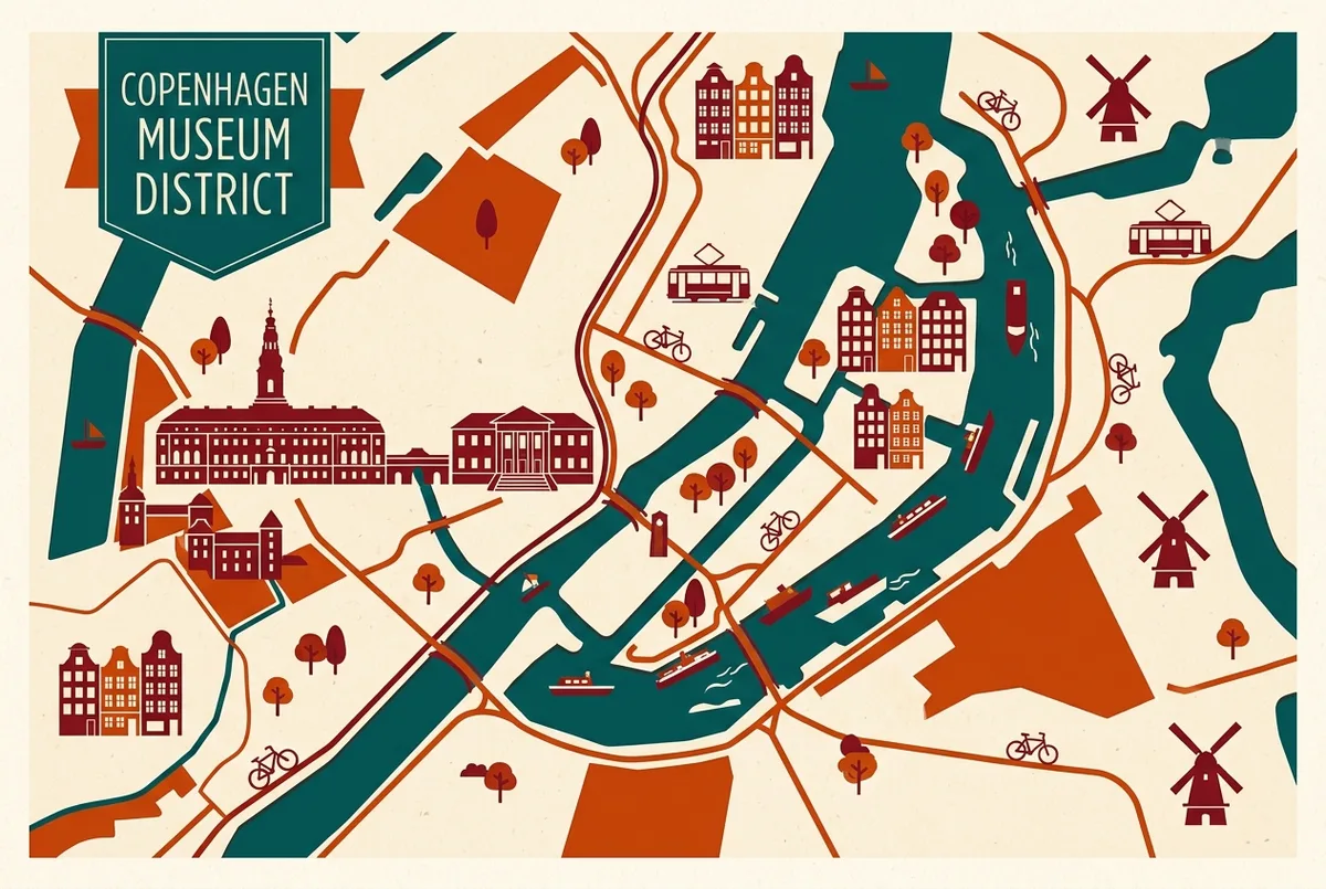 Simple infographic map showing the National Museum of Denmark's location relative to Christiansborg Palace and the Copenhagen harbor front