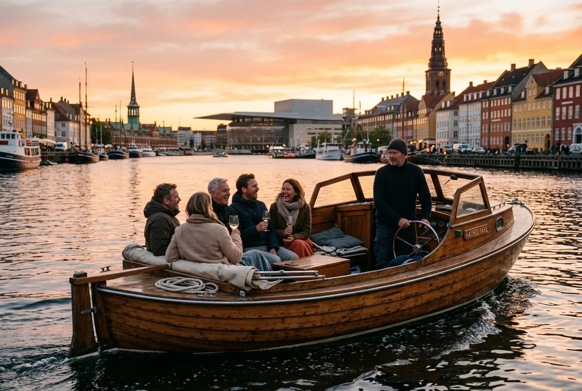 Small private charter boat with a captain and a group of friends cruising Copenhagen harbor at sunset, private boat tour copenhagen