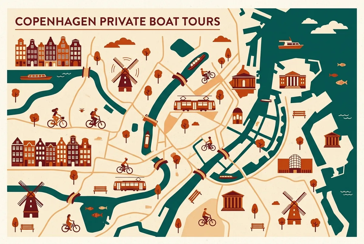 illustrated map of amsterdam highlights for Best Private Boat Tours in Copenhagen, private boat tour copenhagen