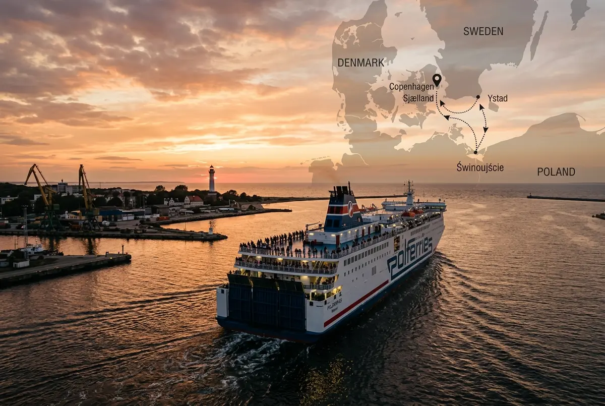 Prom pasażerski wypływający z portu w Świnoujściu o zachodzie słońca, w tle mapa trasy przez Bałtyk w stronę Szwecji, rejs statkiem świnoujście kopenhaga
