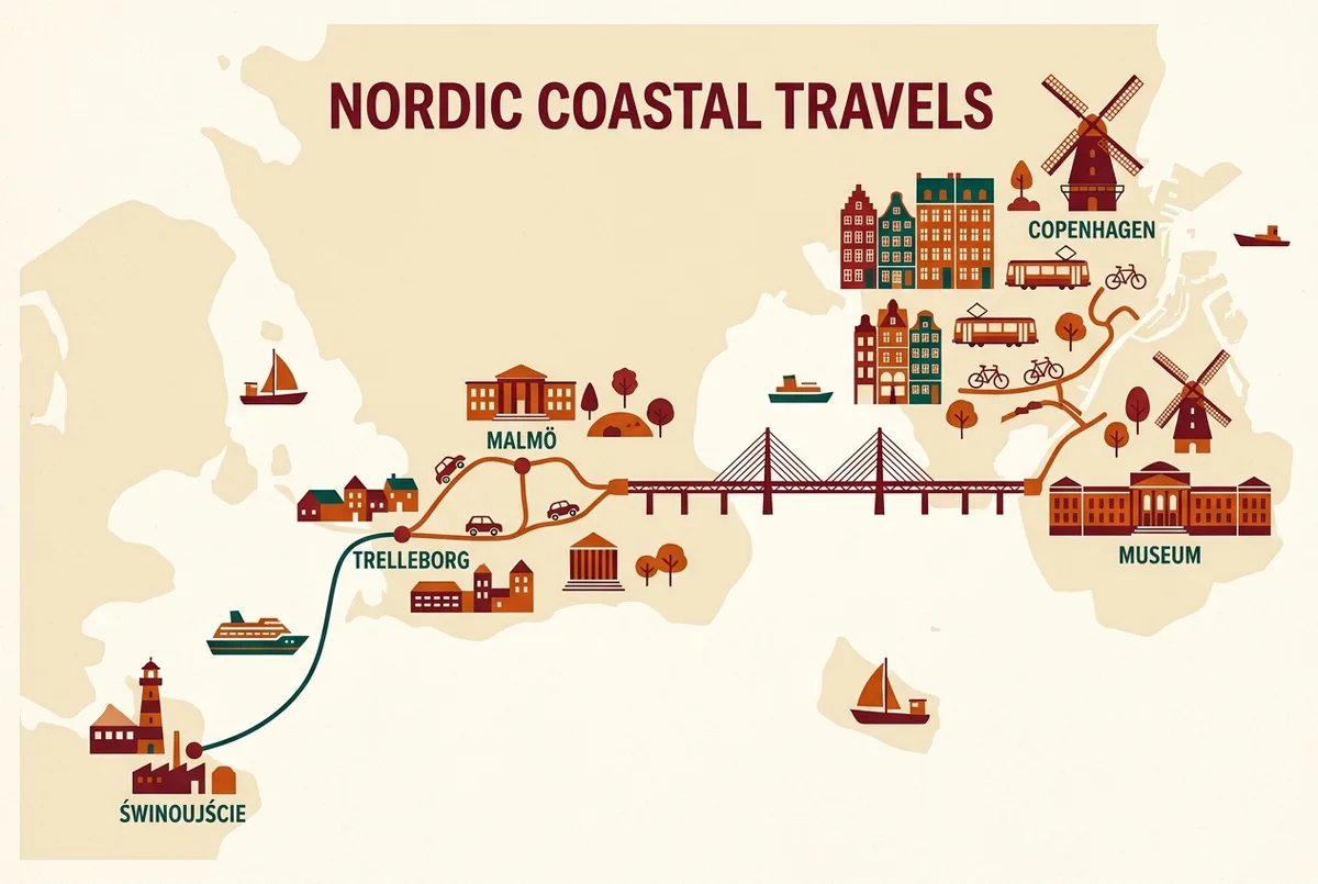 Prosta mapa infograficzna trasy z portu w Świnoujściu przez Trelleborg i Malmö do Kopenhagi, z zaznaczonym mostem nad cieśniną Öresund, generyczne nazwy miejsc