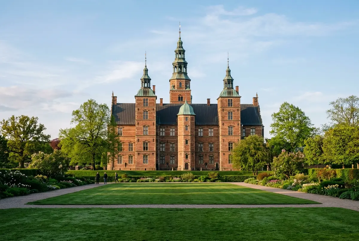 Rotes Backstein-Renaissanceschloss Rosenborg in Kopenhagen mit Türmchen hinter grünem Rasen des Schlossgartens Kongens Have bei sanftem Morgenlicht, schloss rosenborg kopenhagen