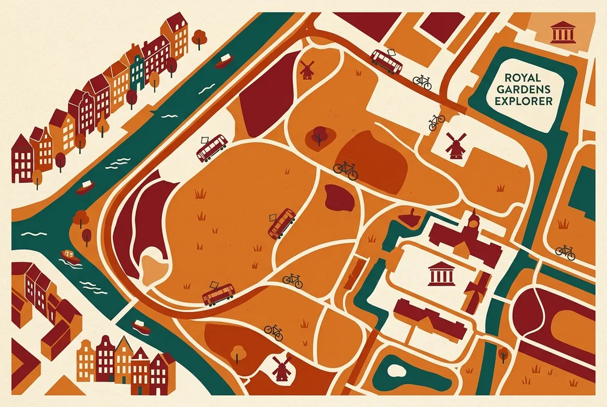 Einfache Infografik-Karte des Schlossgartens Kongens Have rund um Schloss Rosenborg mit markierten Wegen und Rasenflächen in Kopenhagen