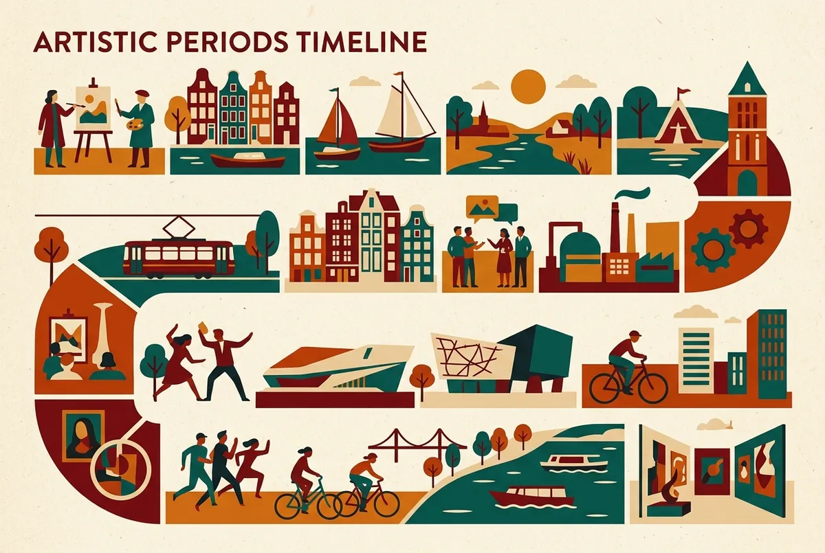 Tidslinje infografik der viser smk malerier perioder fra guldalderen til det moderne gennembrud og international modernisme, flad ikonstil, generiske periodenavne