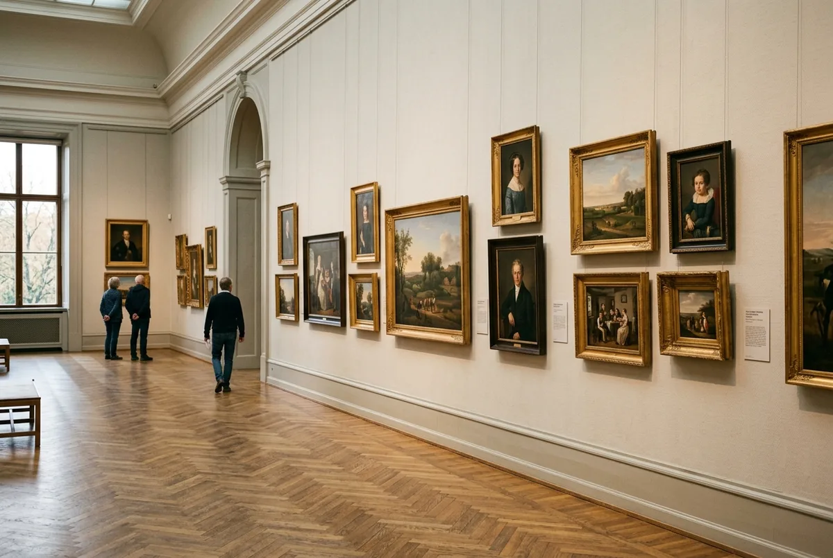 Elegant gallery hall inside SMK the national gallery of denmark copenhagen with Danish Golden Age paintings hung on pale walls and soft natural light