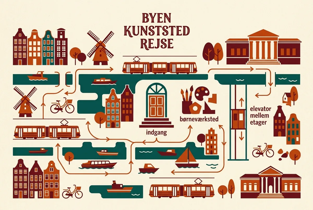 Infografik med barnevognsrute gennem smk med markeringer ved indgang, børneværksted og elevator mellem etager, flad ikonstil, generiske stedbetegnelser