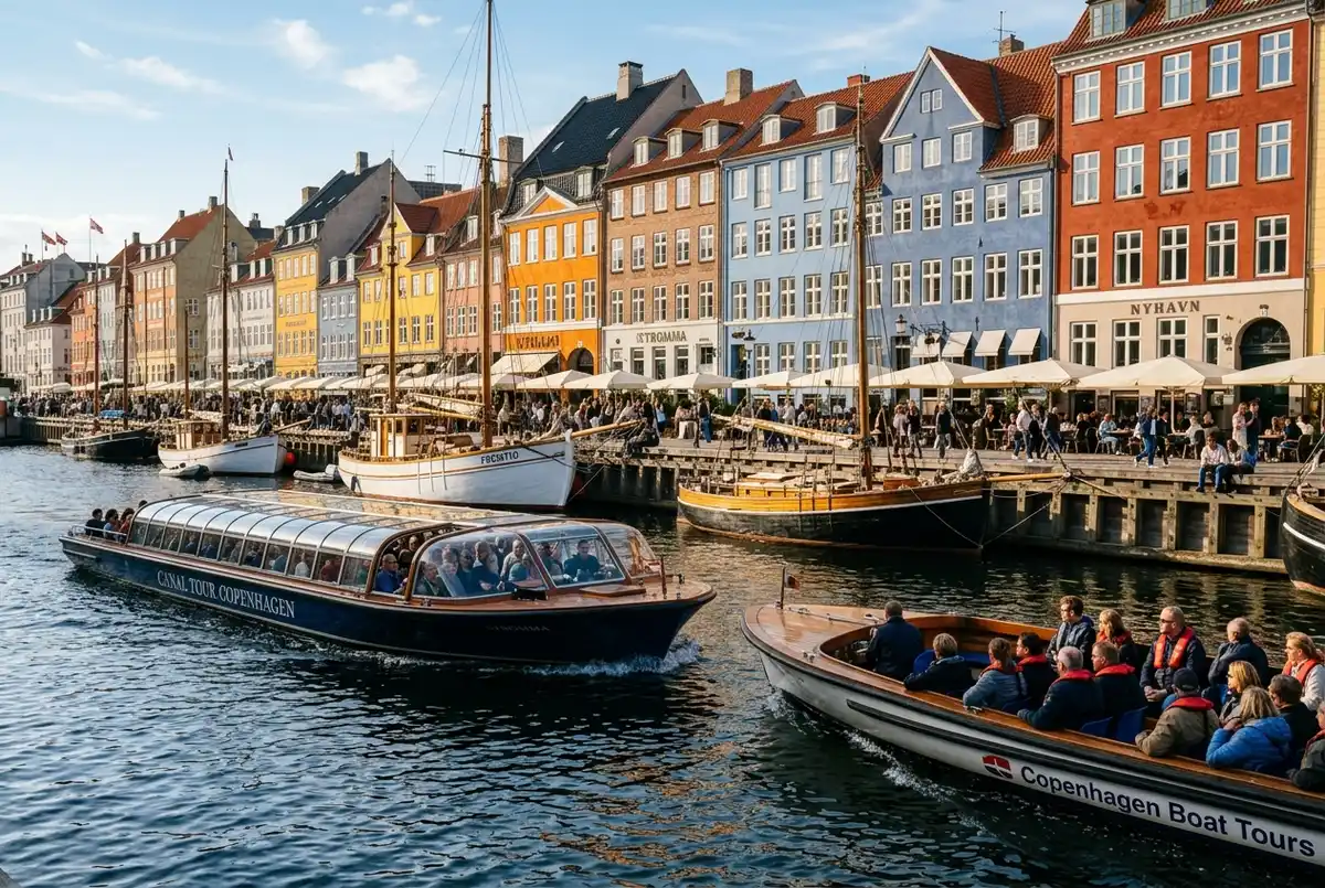 Two different Copenhagen canal tour boats passing each other near Nyhavn, one larger sightseeing boat and one small open boat, stromma canal tour copenhagen