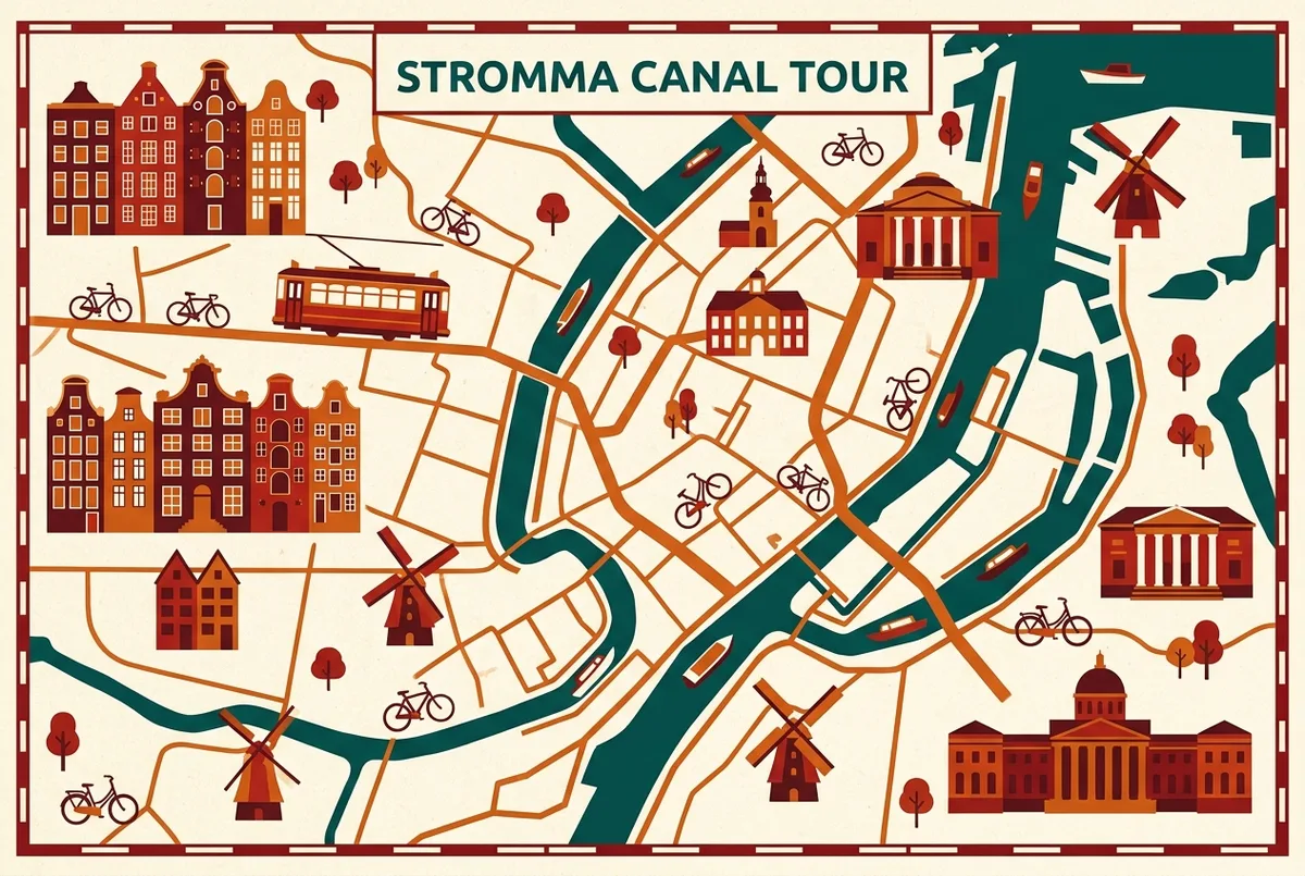 illustrated map of amsterdam highlights for copenhagen boat tour, stromma canal tour copenhagen