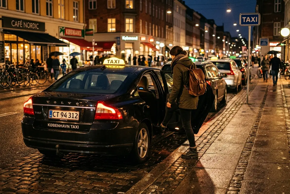 Taxa der holder ved kantstenen foran en klassisk københavnsk facade i aftenlys, passager der åbner bagdøren med bagage, taxa københavn i byens gadebillede