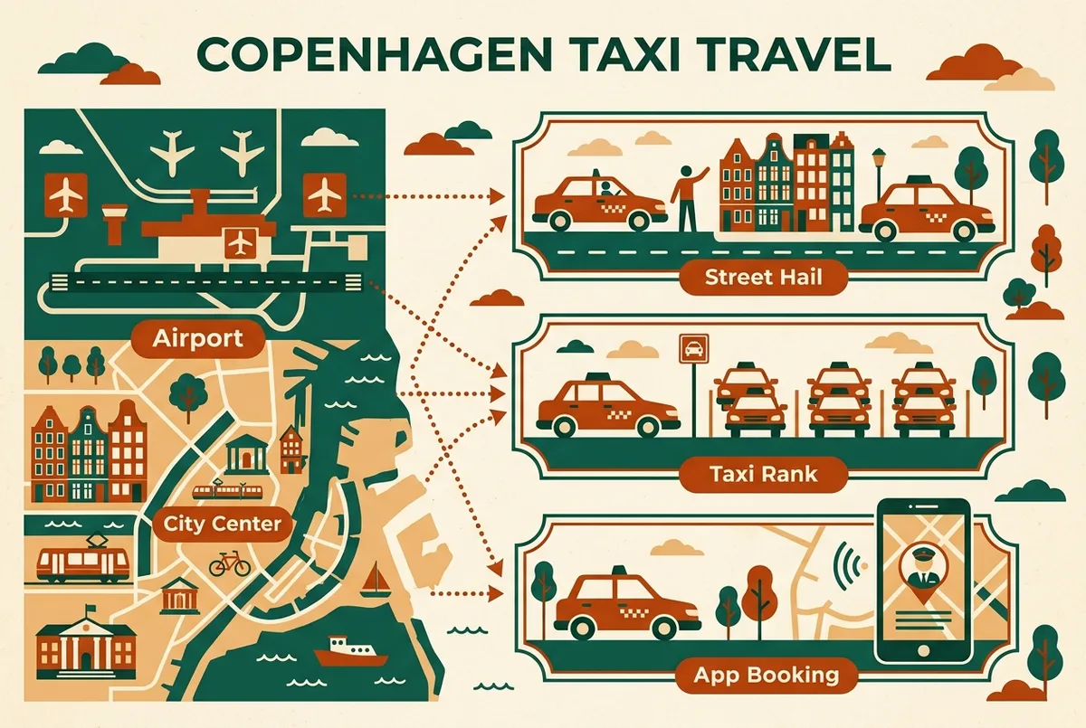 Sammenligningsgrafik der viser tre måder at komme fra lufthavnen til centrum på, taxa, tog og bus, med ikoner for hver transportform, flad infografikstil
