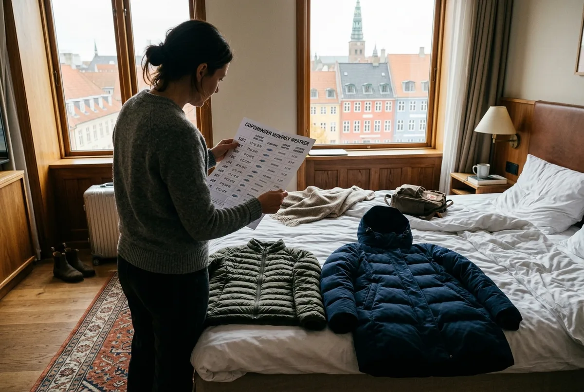 Calendrier visuel de la météo Copenhague par mois avec de petites icônes de température et de vêtements pour chaque saison au-dessus du port