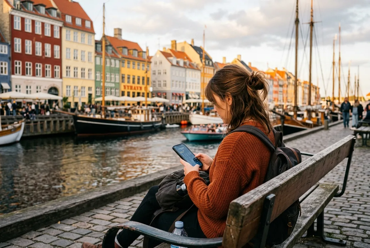 Traveler checking a 10 day weather Copenhagen forecast on a phone at a harbor bench with Nyhavn's colorful houses softly blurred behind them