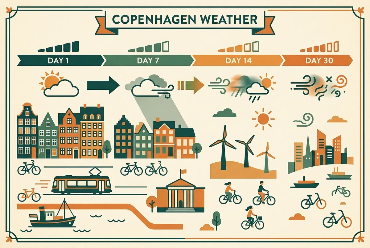 Simple infographic showing how forecast reliability drops from day 1 to day 30 for Copenhagen weather