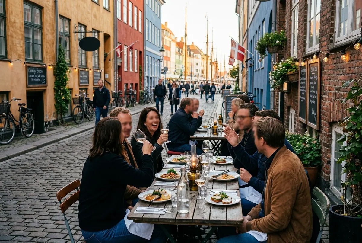 Diners at an outdoor table on a side street just off Nyhavn's colorful harbor houses with a canal tour boat visible in the background