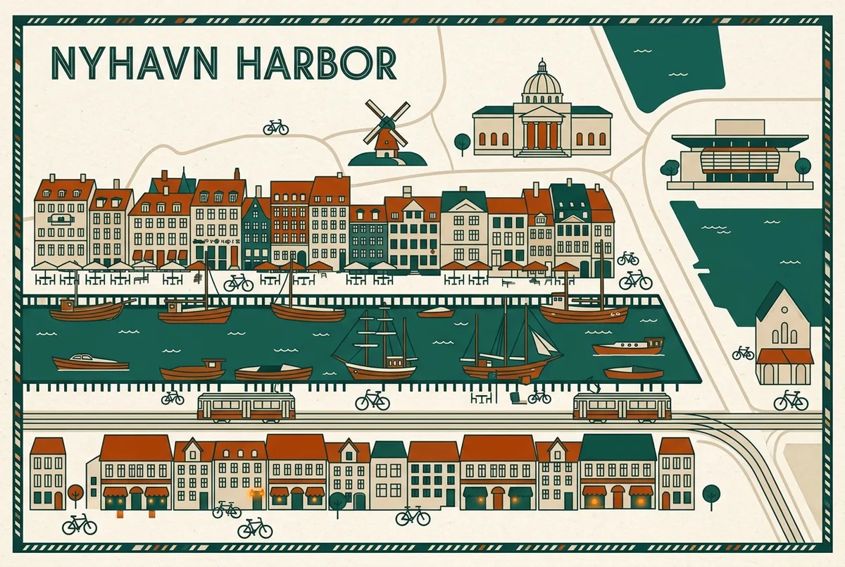 Simple map graphic showing Nyhavn's harbor front restaurants versus better value options one street back