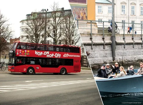 Åben dobbeltdækkerbus på bus- og bådturen i København nær Tivoli