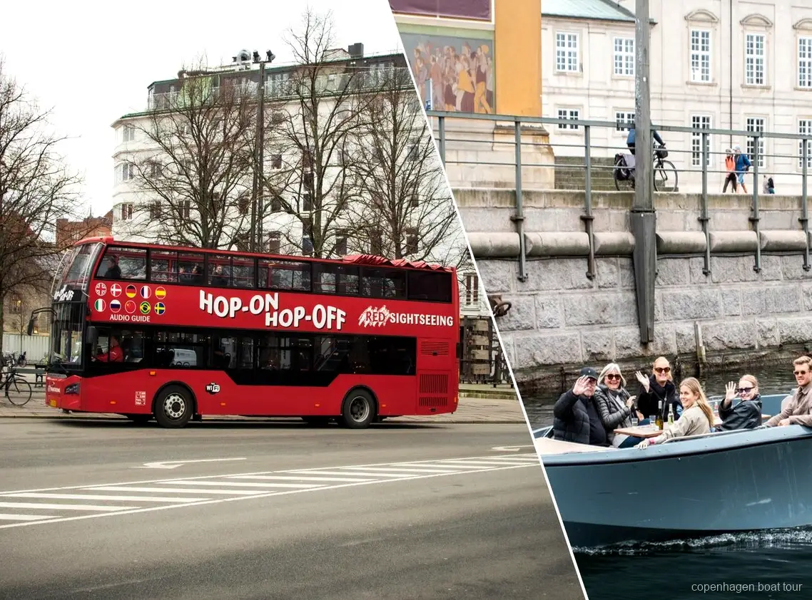 Åben dobbeltdækkerbus på bus- og bådturen i København nær Tivoli