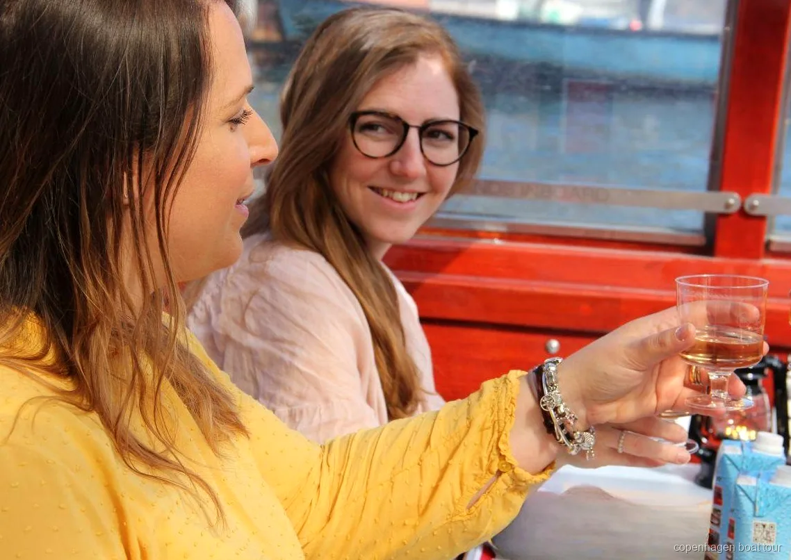 Group enjoying drinks on a covered Copenhagen canal cruise boat