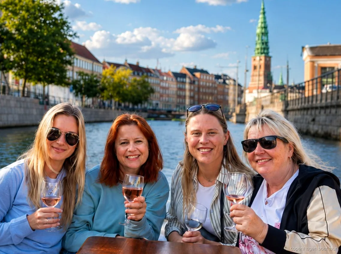Guests aboard the Copenhagen luxury boat tour cruising past Christiansborg Palace