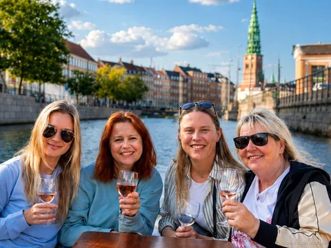 Gasten aan boord van de luxe boottocht Kopenhagen varen langs Christiansborg Palace